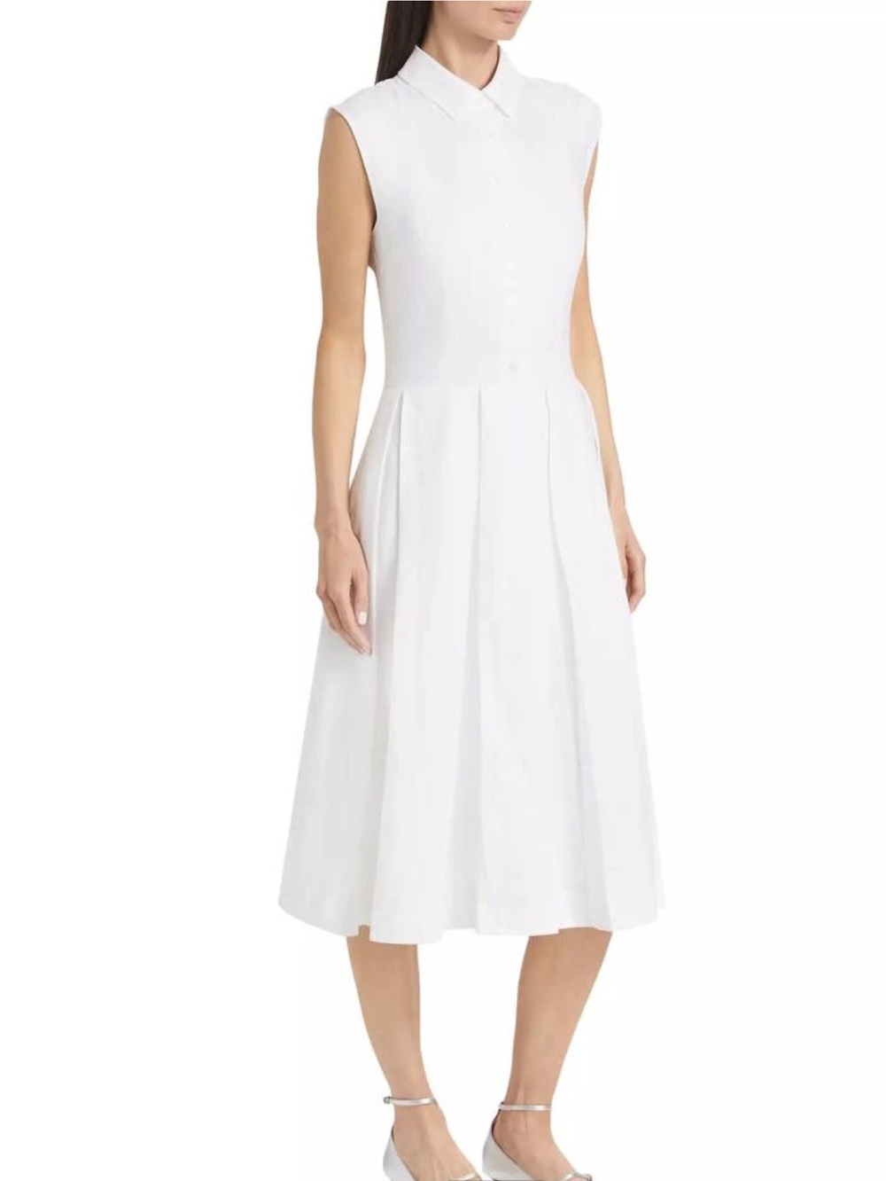 Anthropologie Linen White Collared Midi Dress Size 2 Pockets